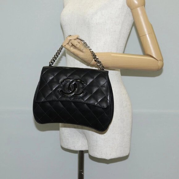 CHANEL Chain Hand Bag Lamb Skin Black Silver CC Auth 138566A - Picture 3 of 16